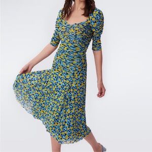 NWT Diane Von Furstenberg Dacey Ruched Mesh Midi Dress Medium cocktail